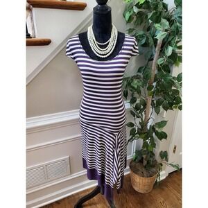 Sophie Max Women's White & Purple Striped Rayon Short Sleeve Knee Length Dress L